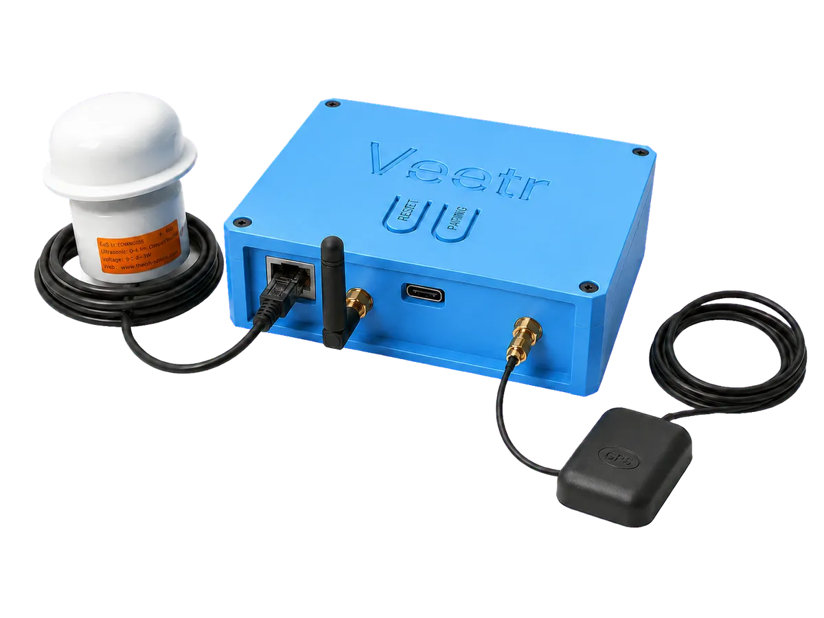 Closed blue Veetr controller with wind, Bluetooth, and GPS antennas
